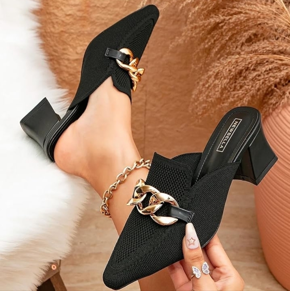 Newbella Black Pointed Slip-On Mules with Gold Chain Accent - Picture 2 of 14